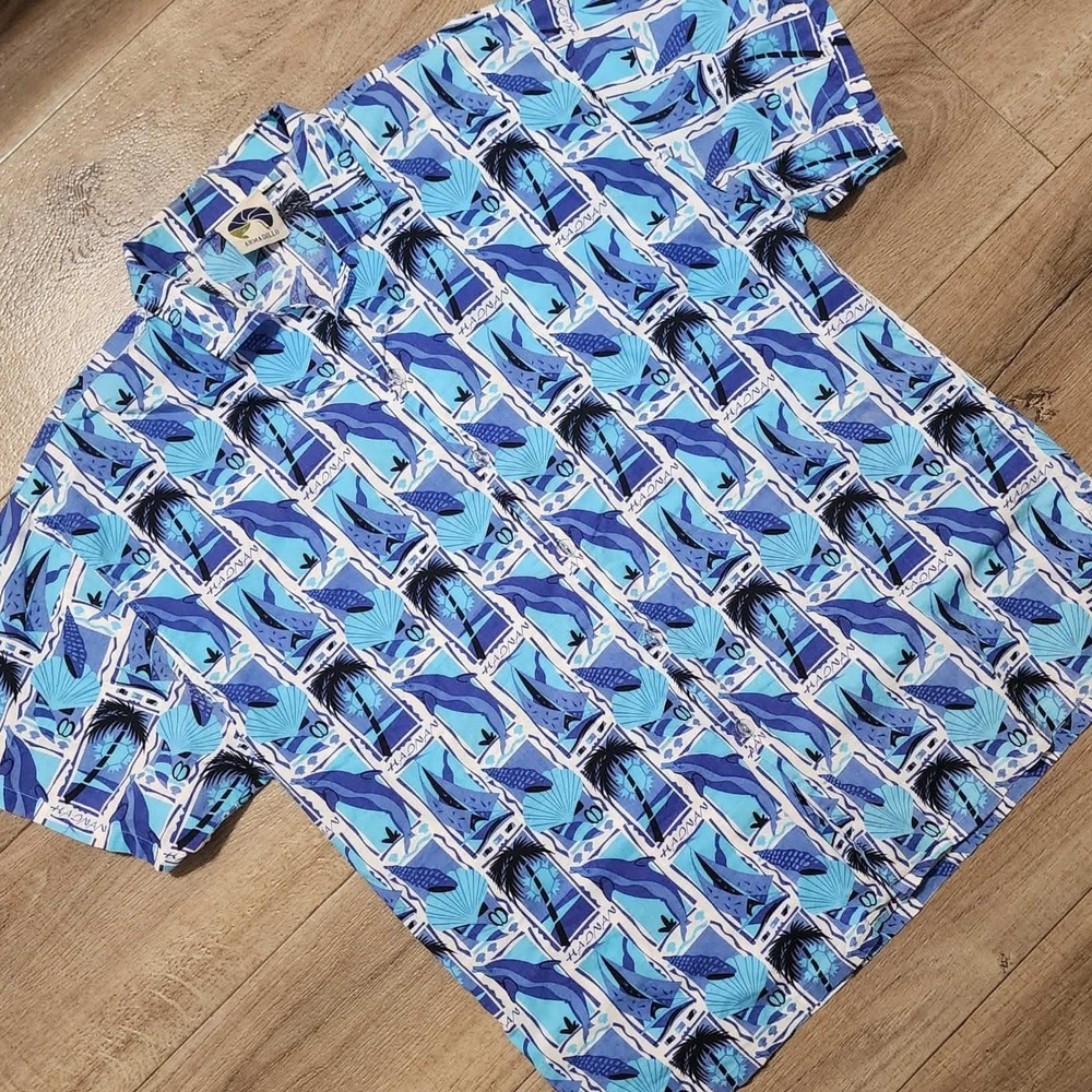 Armadillo Vintage Hawaiian Shirt Mens XL Blue Dolphin Palm Tree Tropical Print